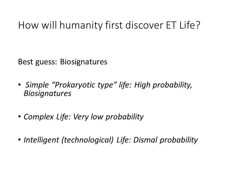 How will humanity first discover ET Life?
Best guess: Biosignatures
Simple Prokaryotic type life: High probability, Biosignatures
Complex Life: Very low probability
Intelligent (technological) Life: Dismal probability